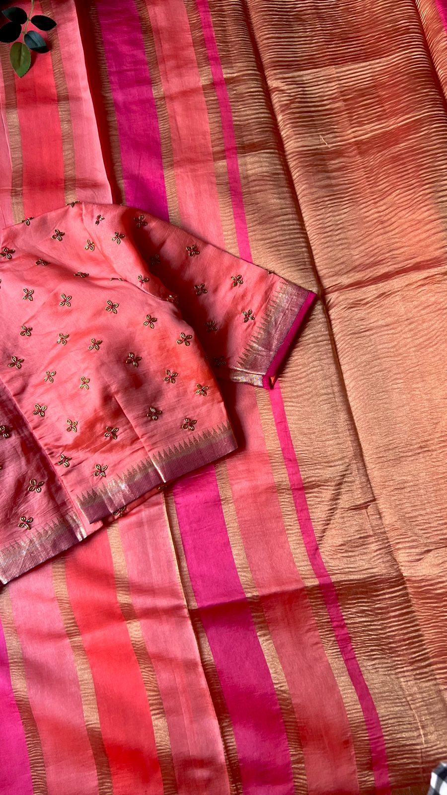 Peach striped banarasi soft silk saree with hand made blouse