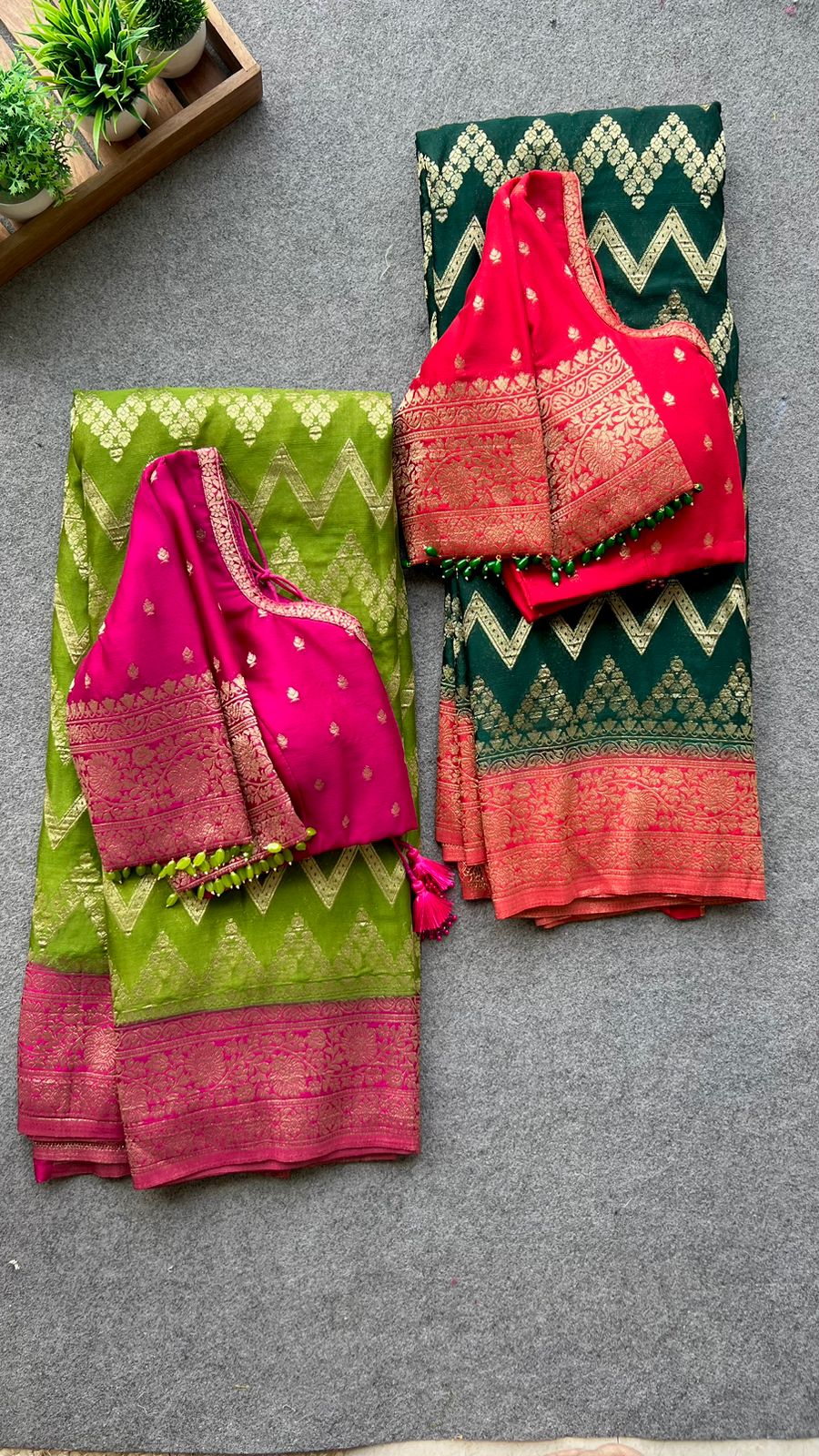 Parrot Green georgette banarasi saree with pink hand worked blouse