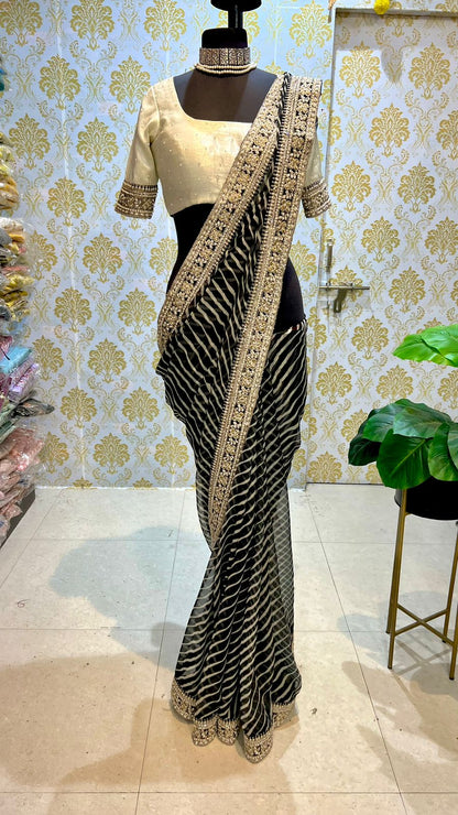 Black georgette lehariya saree with pearl handwork blouse