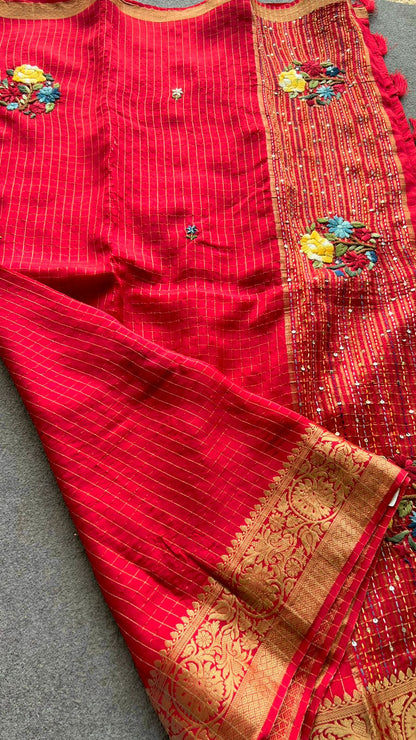 Red checked munga silk saree with red hand work blouse