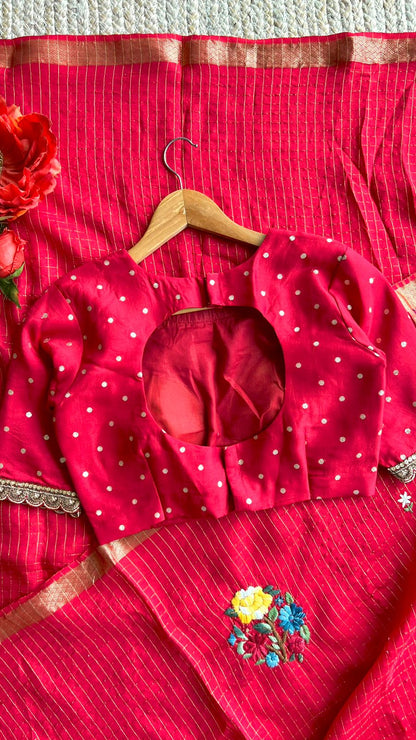 Red checked munga silk saree with red hand work blouse