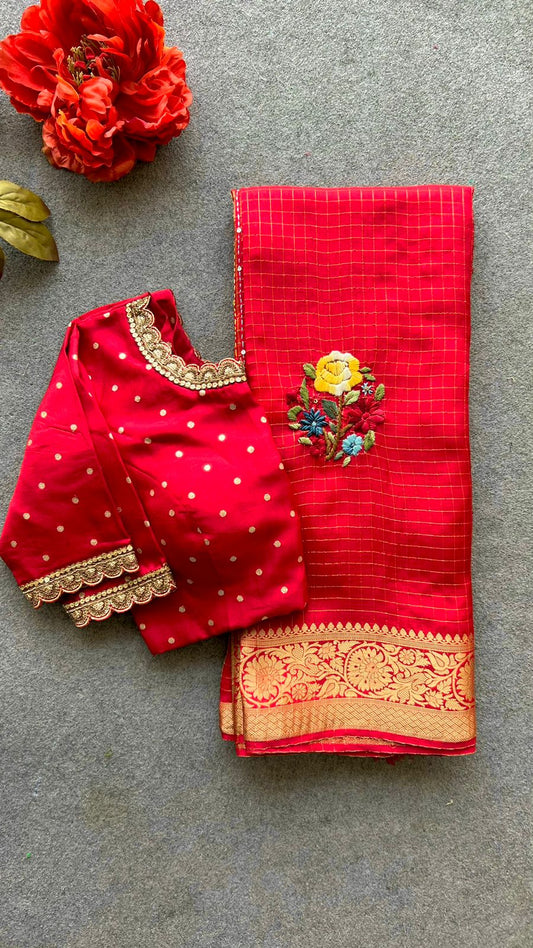 Red checked chanderi saree with red hand work blouse