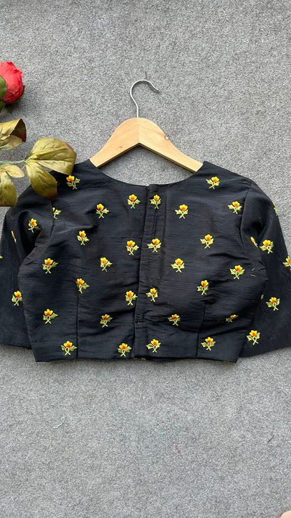 Black silk floral embroidery work blouse ( only blouse )