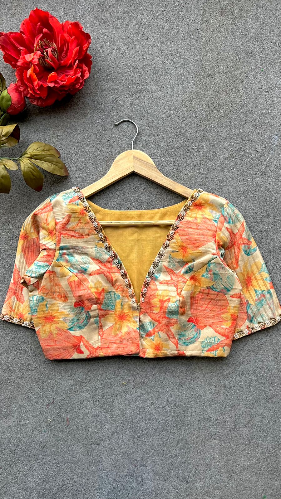 Silk orange floral hand work blouse