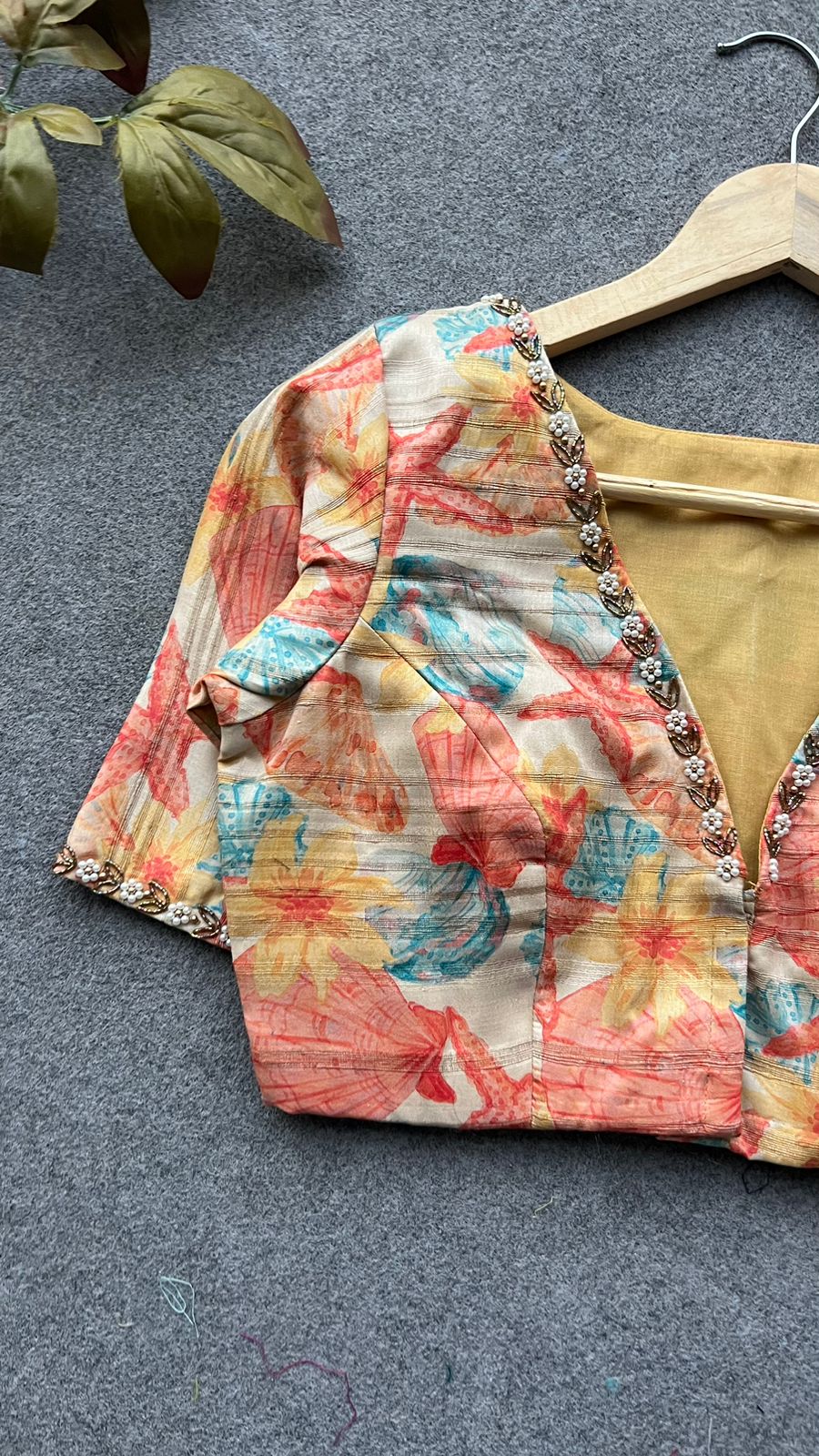 Silk orange floral hand work blouse