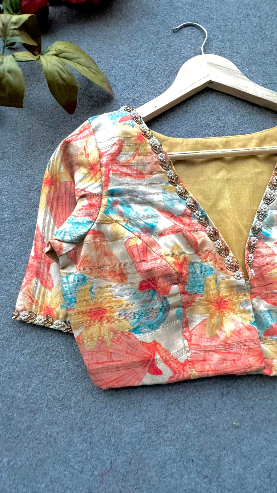 Silk orange floral hand work blouse