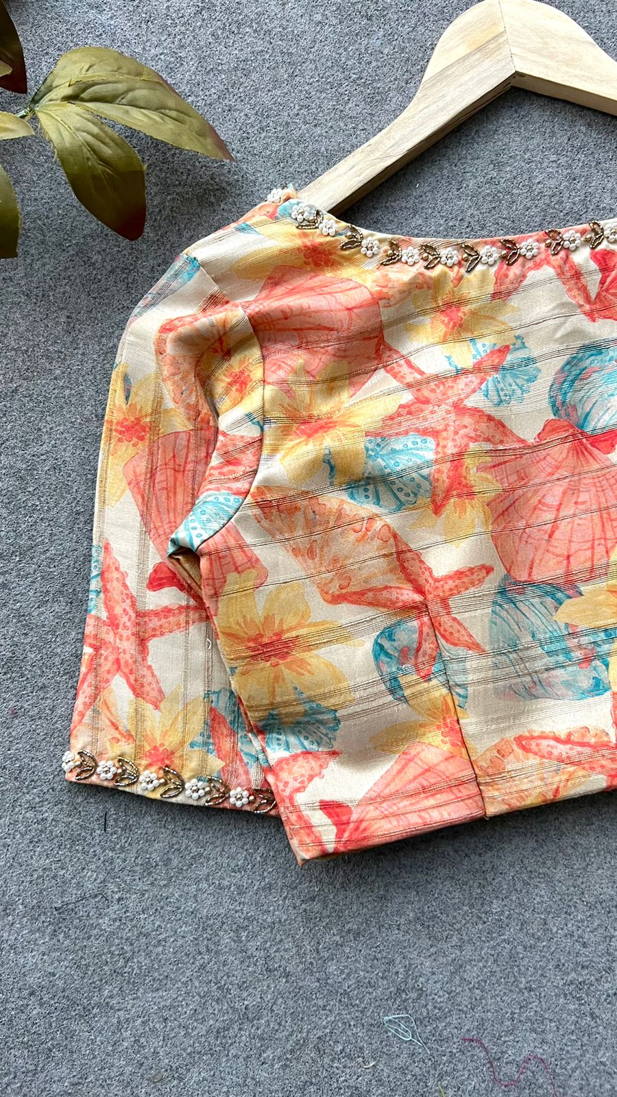 Silk orange floral hand work blouse