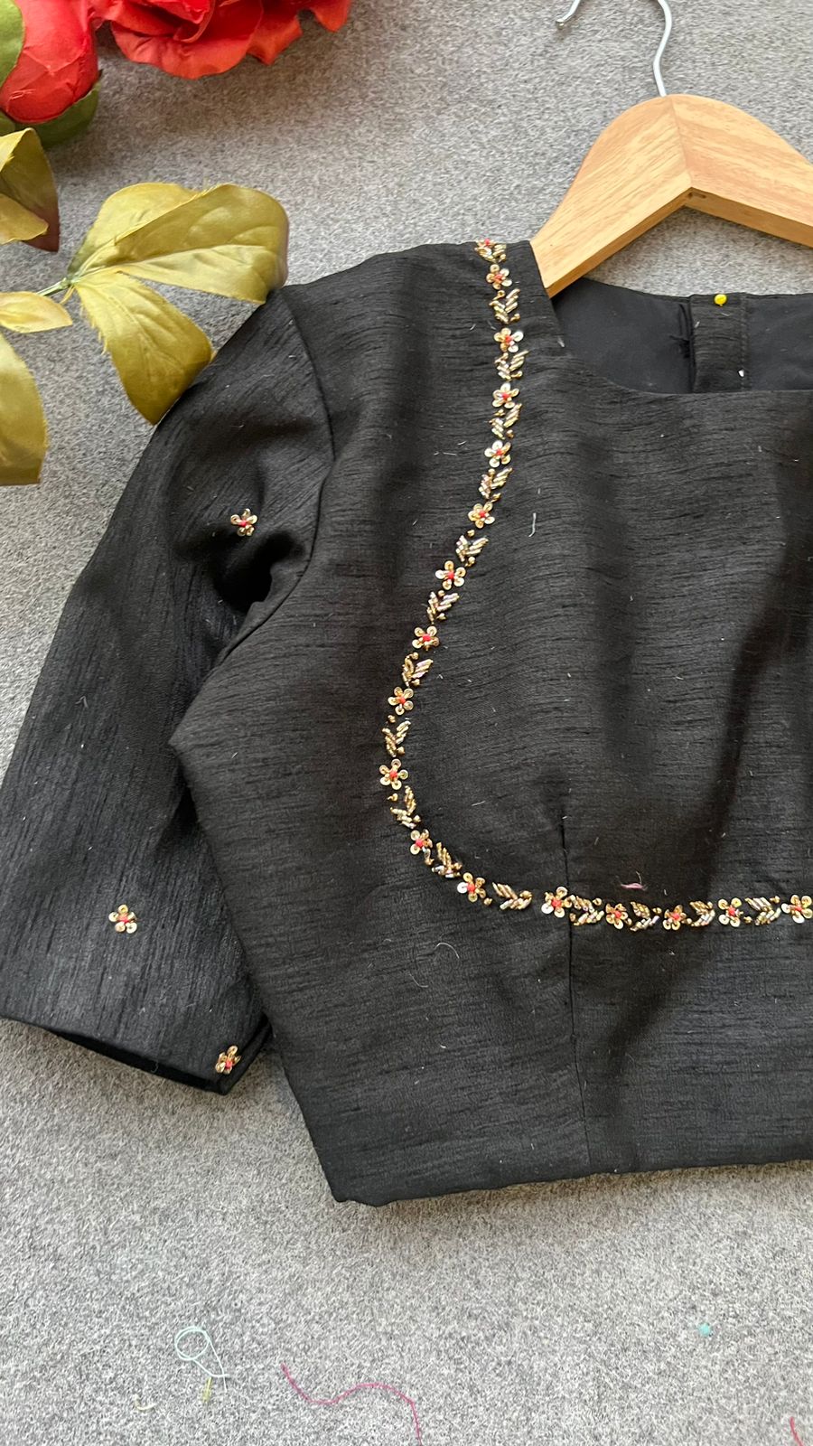 Black silk jeweled hand work blouse ( only blouse )