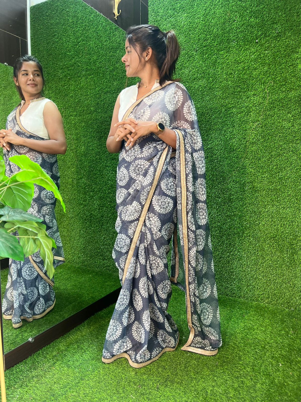 Grey chiffon printed saree with white hand work blouse