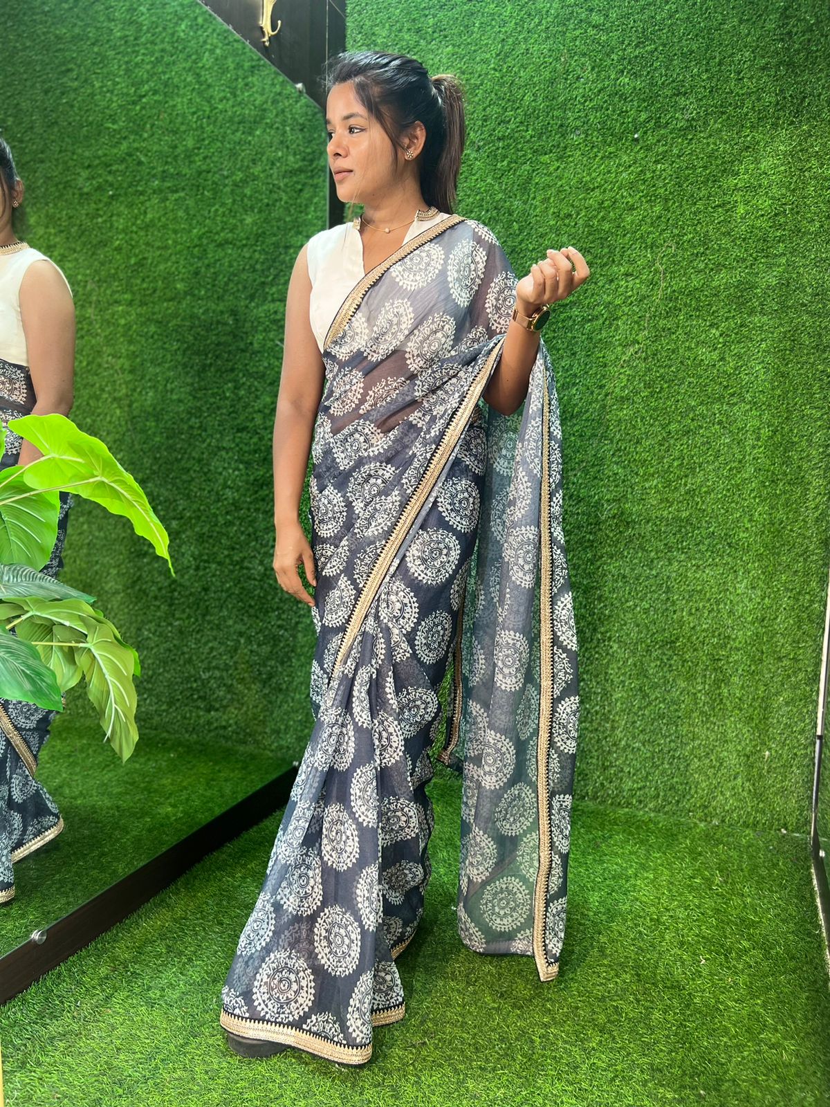 Grey chiffon printed saree with white hand work blouse