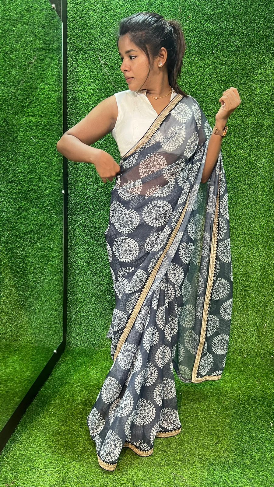 Grey chiffon printed saree with white hand work blouse