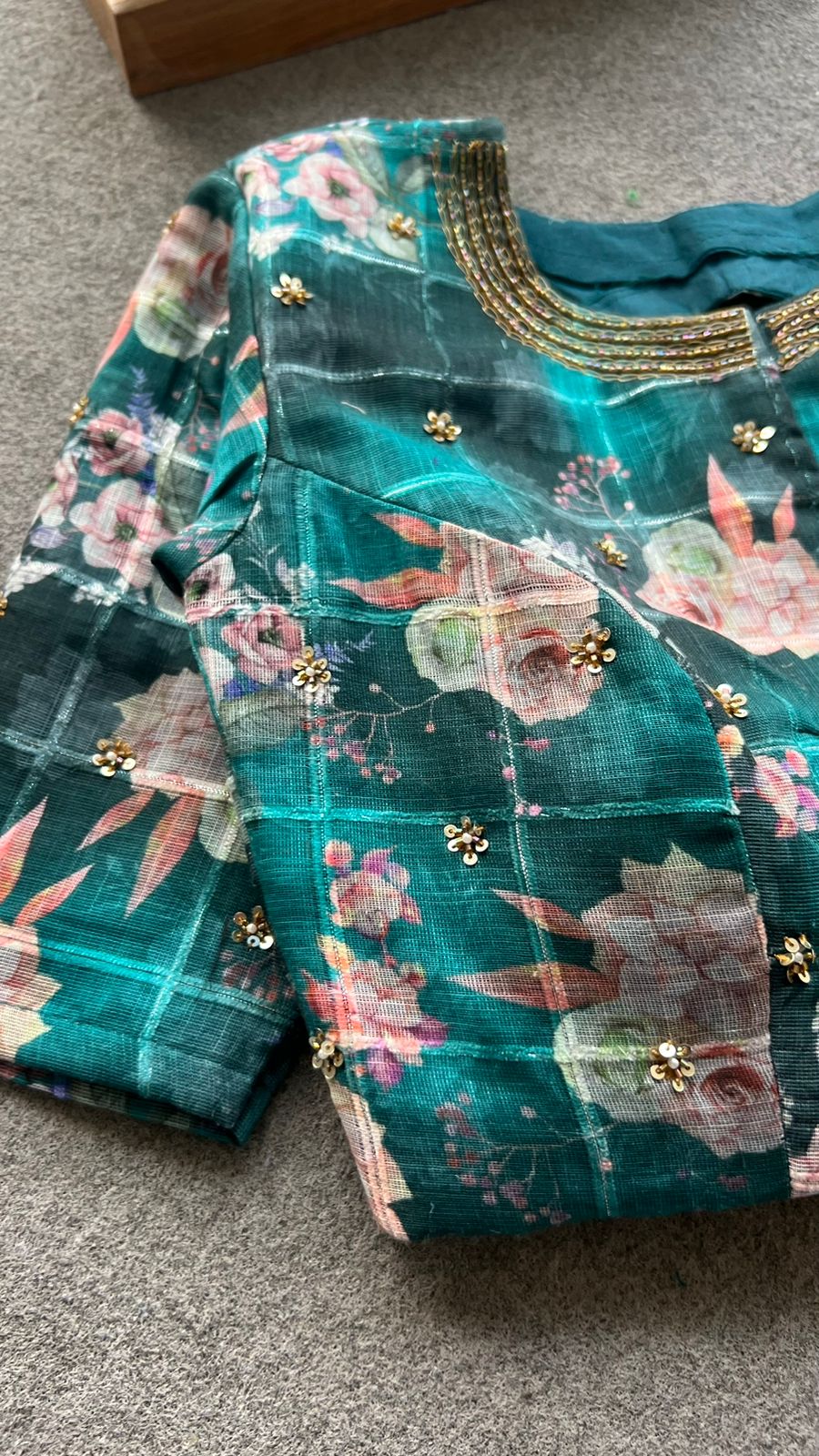 Jute copper saree with floral handwork blouse