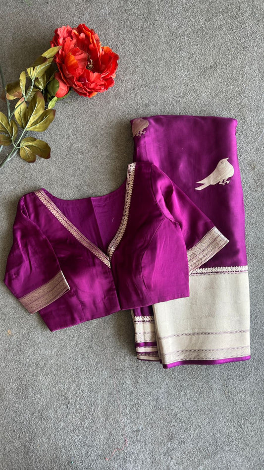 Magenta satin silk saree with banarasi blouse