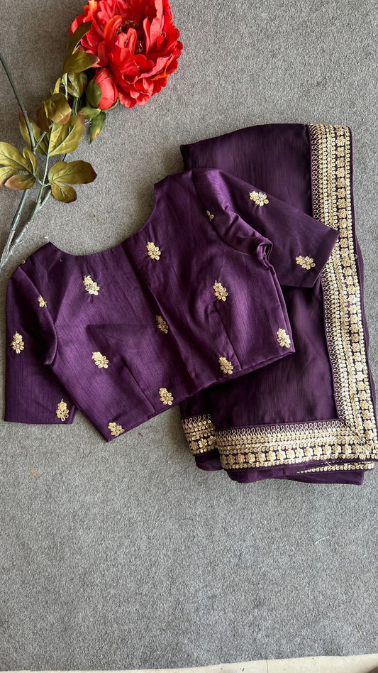 Wine satin saree with embroidery blouse
