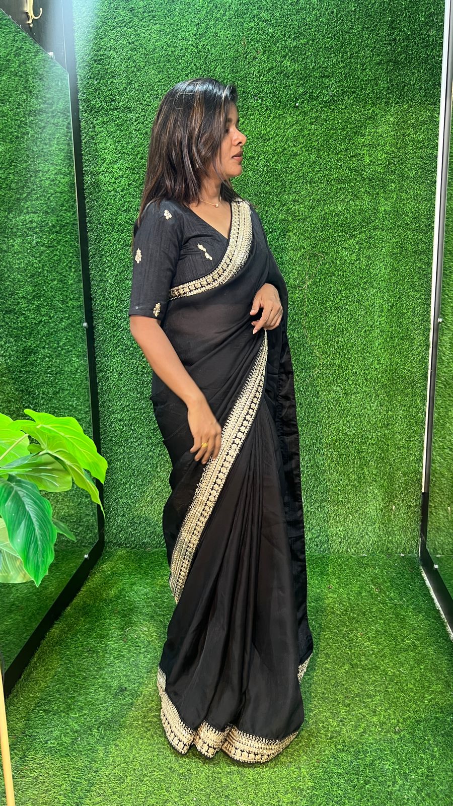 Black satin saree with embroidery blouse