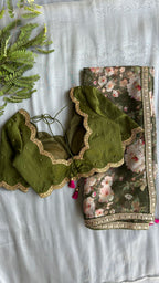 Green floral organza saree with mehandi embroidered blouse