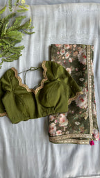 Green floral organza saree with mehandi embroidered blouse