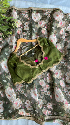 Green floral organza saree with mehandi embroidered blouse