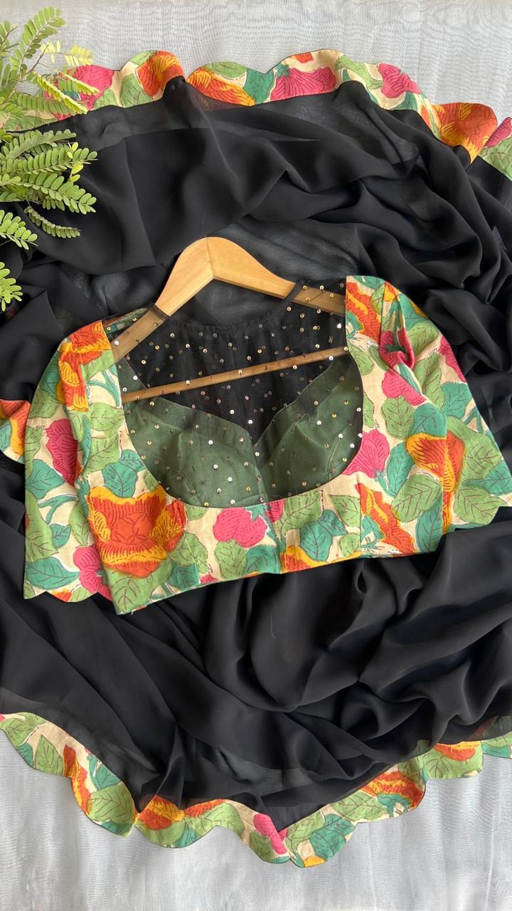 Black georgette saree with floral cotton blouse