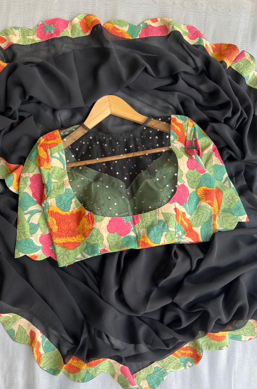 Black georgette saree with floral cotton blouse