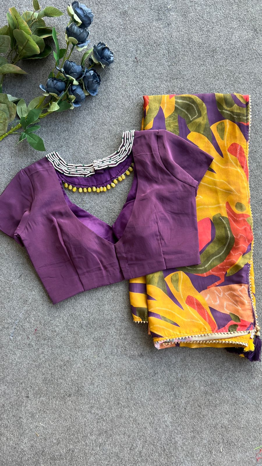 Purple jewel neck hand work blouse (only blouse)