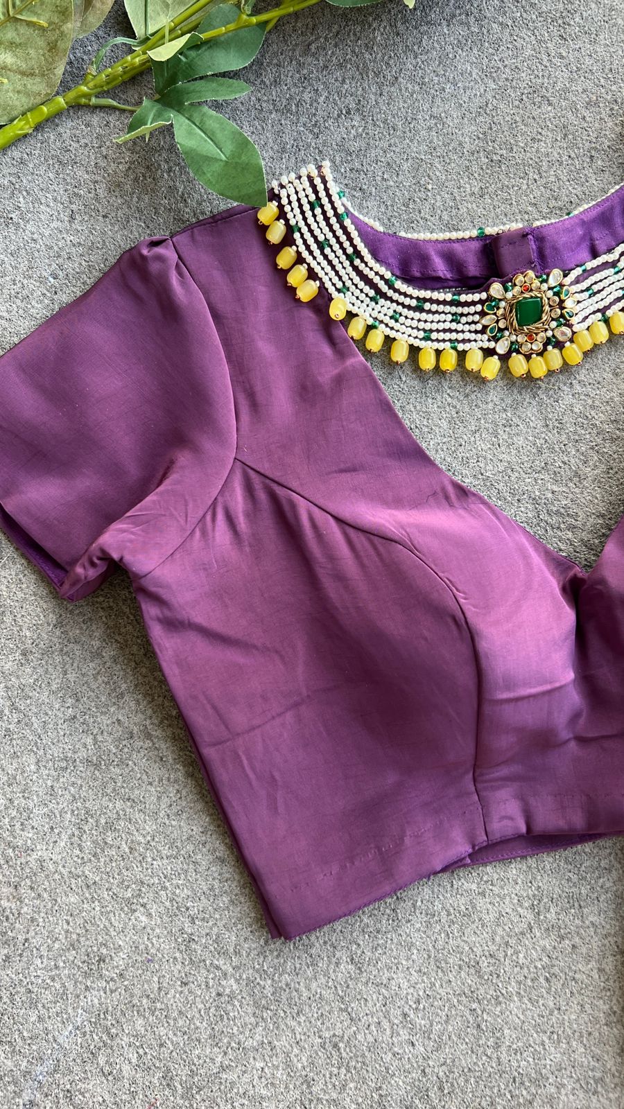 Purple jewel neck hand work blouse (only blouse)