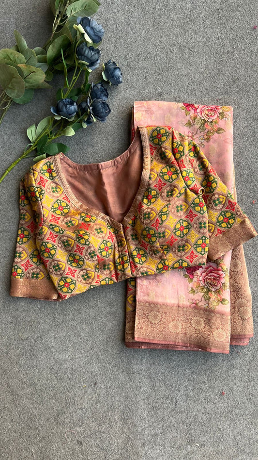 Peach organza saree with  banarasi hand work blouse