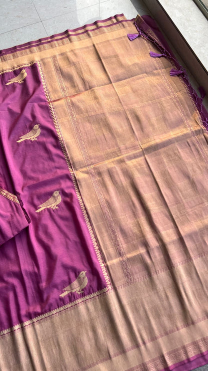 Mulberry pink dola silk saree with banarasi blouse