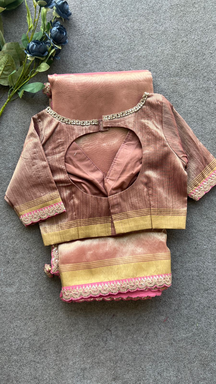 Onion pink glass tissue saree with  hand work blouse