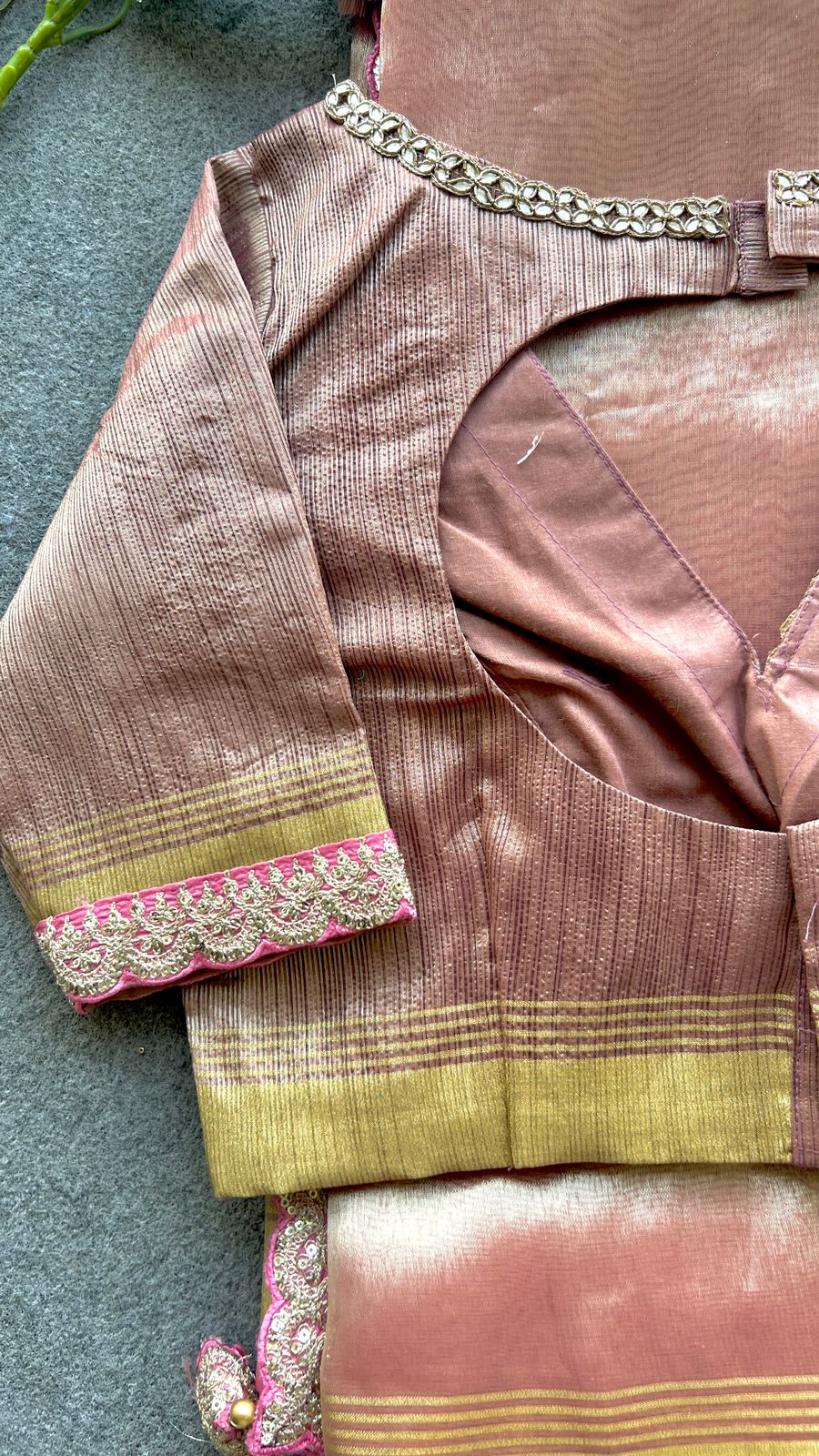 Onion pink glass tissue saree with  hand work blouse