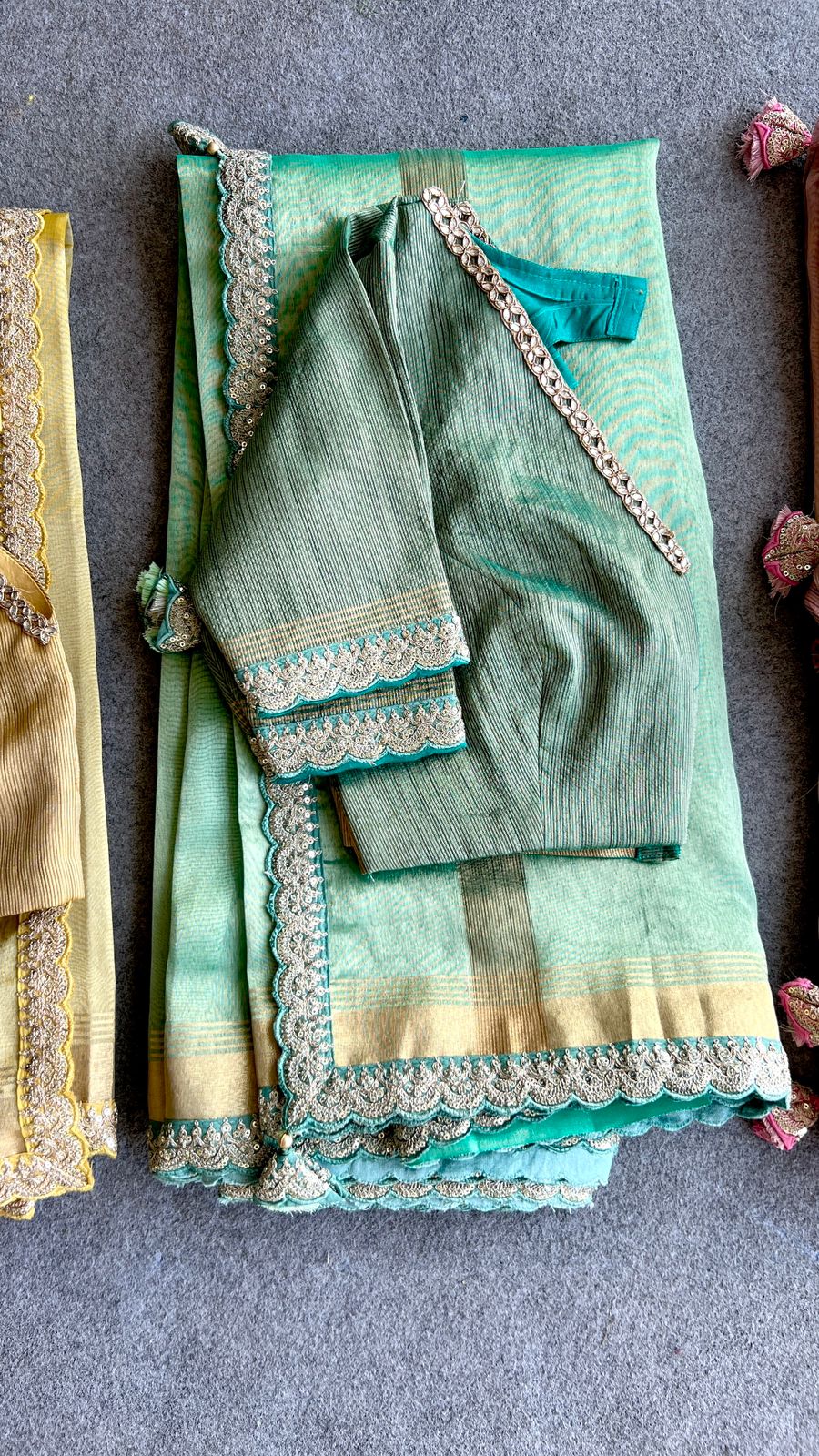 Ice blue glass tissue saree with  hand work blouse
