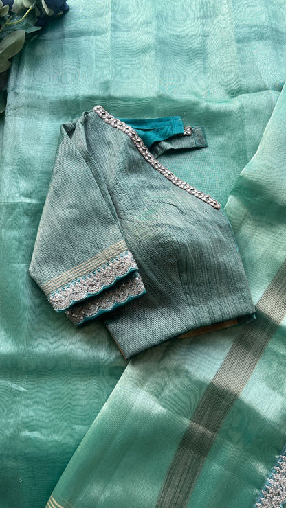 Ice blue glass tissue saree with  hand work blouse