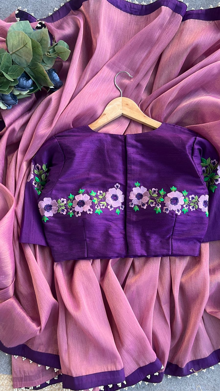 Purple silk embroidery work blouse