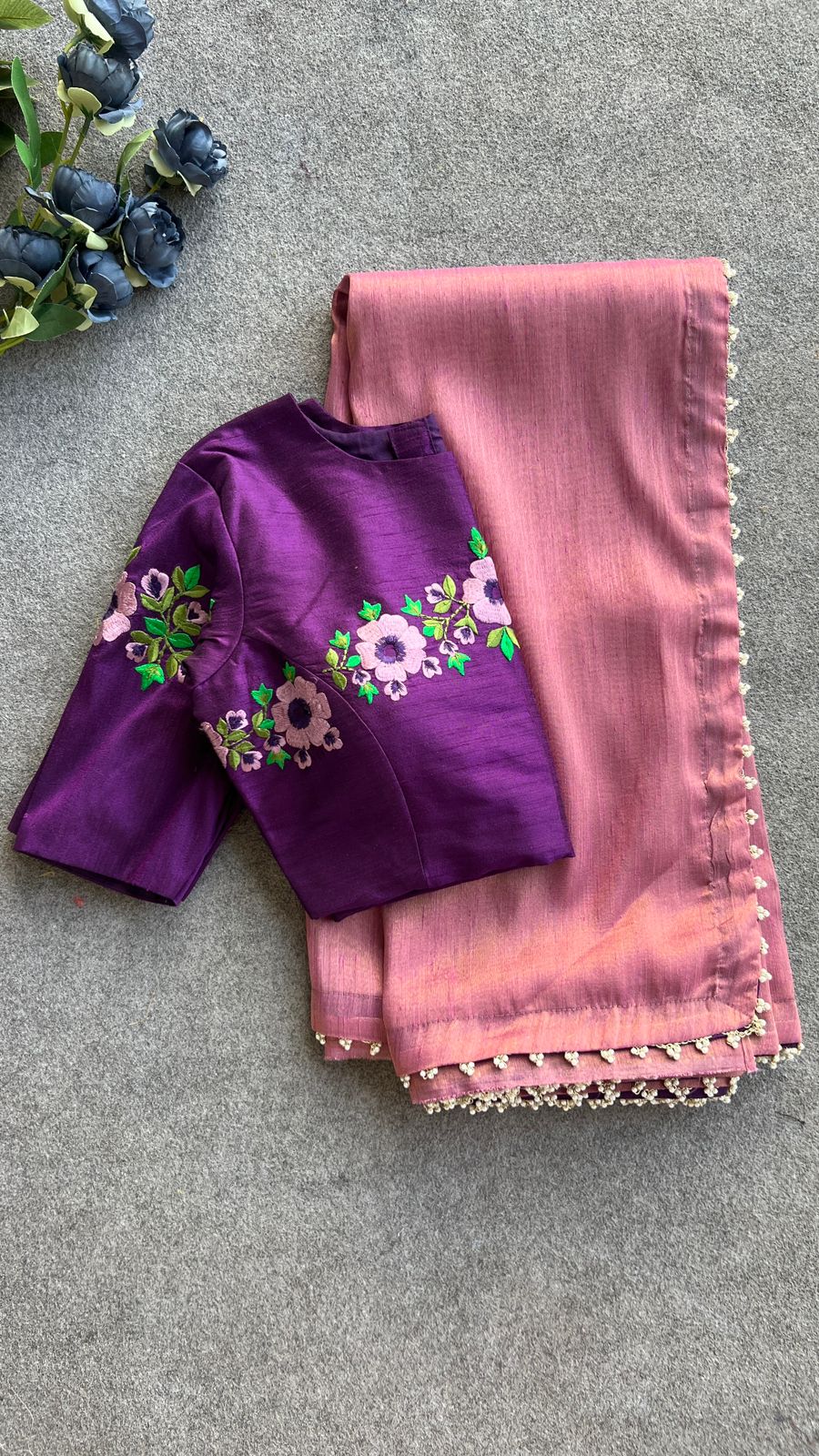 Purple silk embroidery work blouse