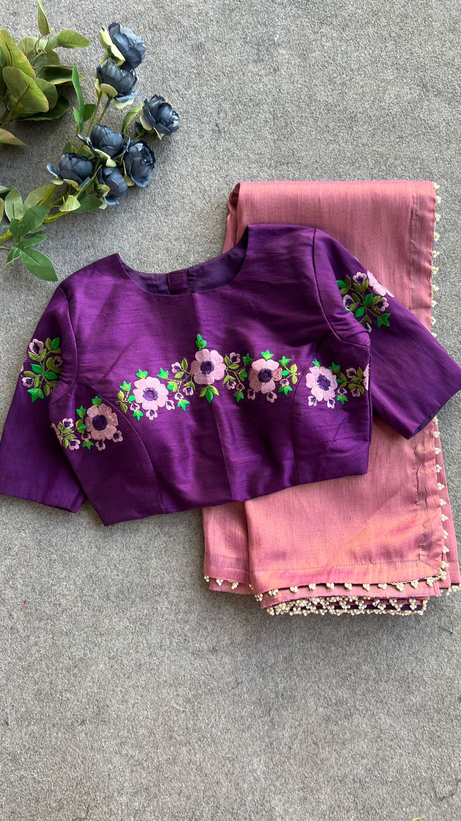Purple silk embroidery work blouse