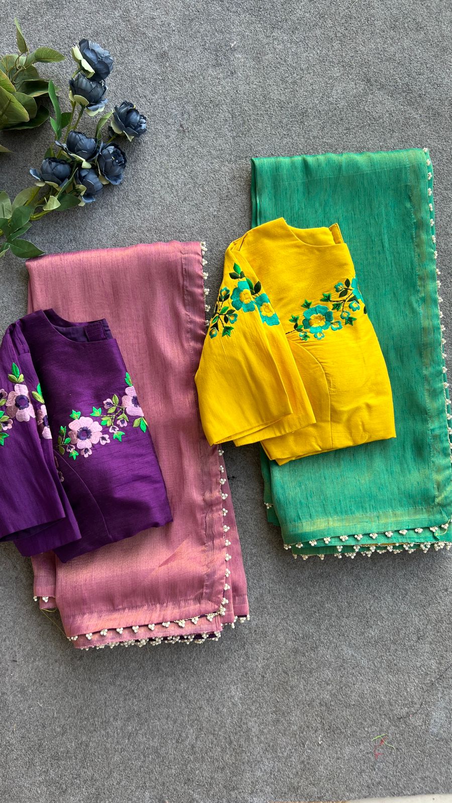 Rama green tissue saree with embroidery work blouse
