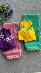 Rama green tissue saree with embroidery work blouse