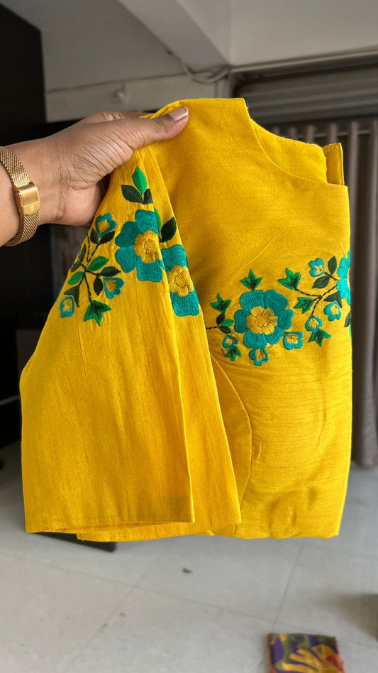 Yellow silk embroidery work blouse