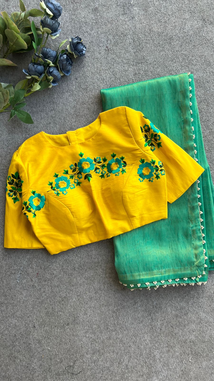 Rama green tissue saree with embroidery work blouse