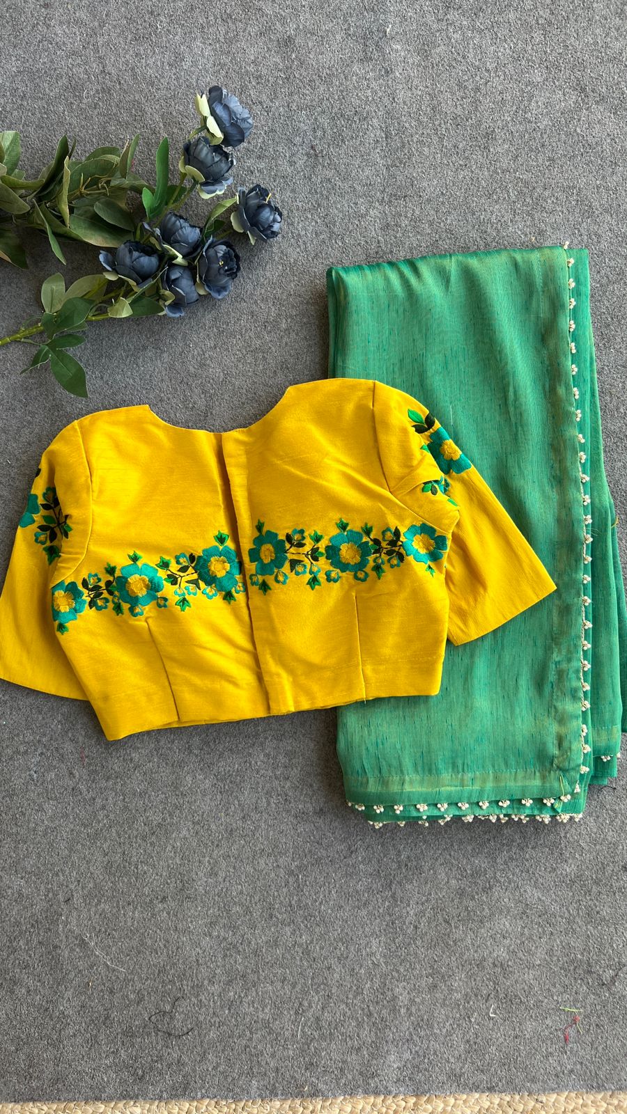 Rama green tissue saree with embroidery work blouse