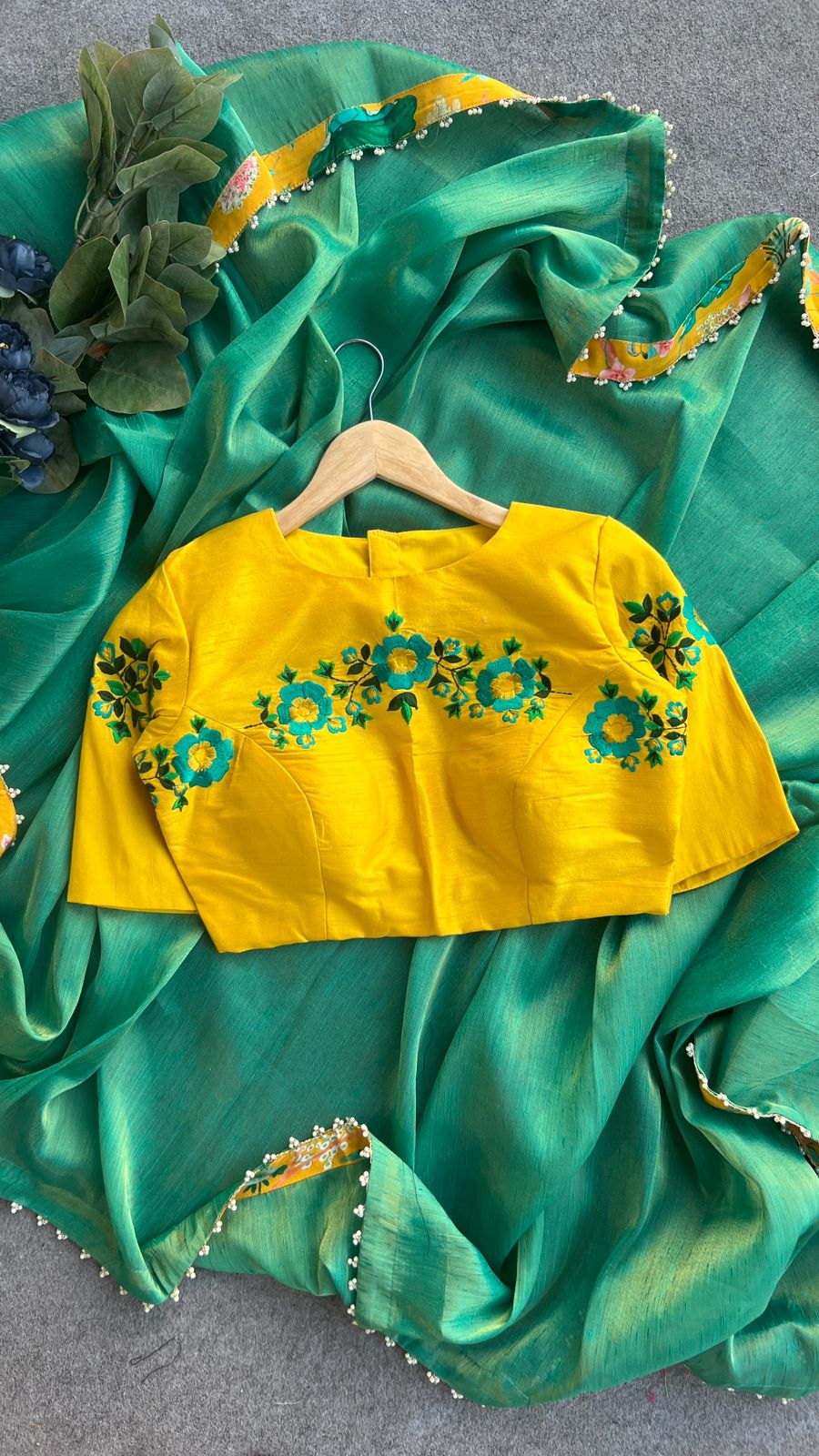 Rama green tissue saree with embroidery work blouse