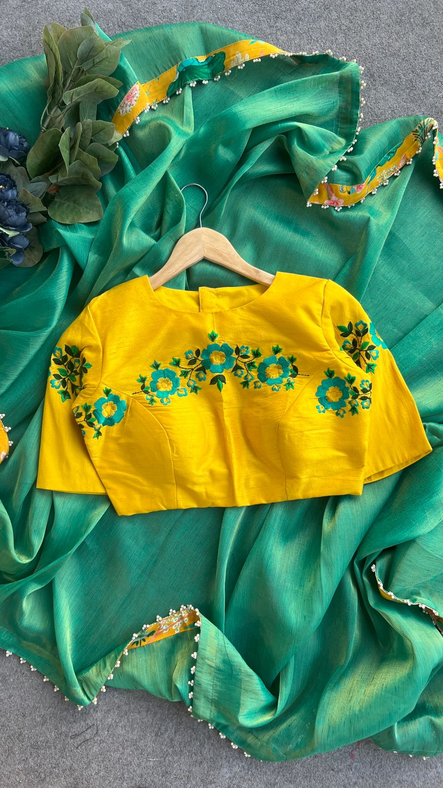 Yellow silk embroidery work blouse