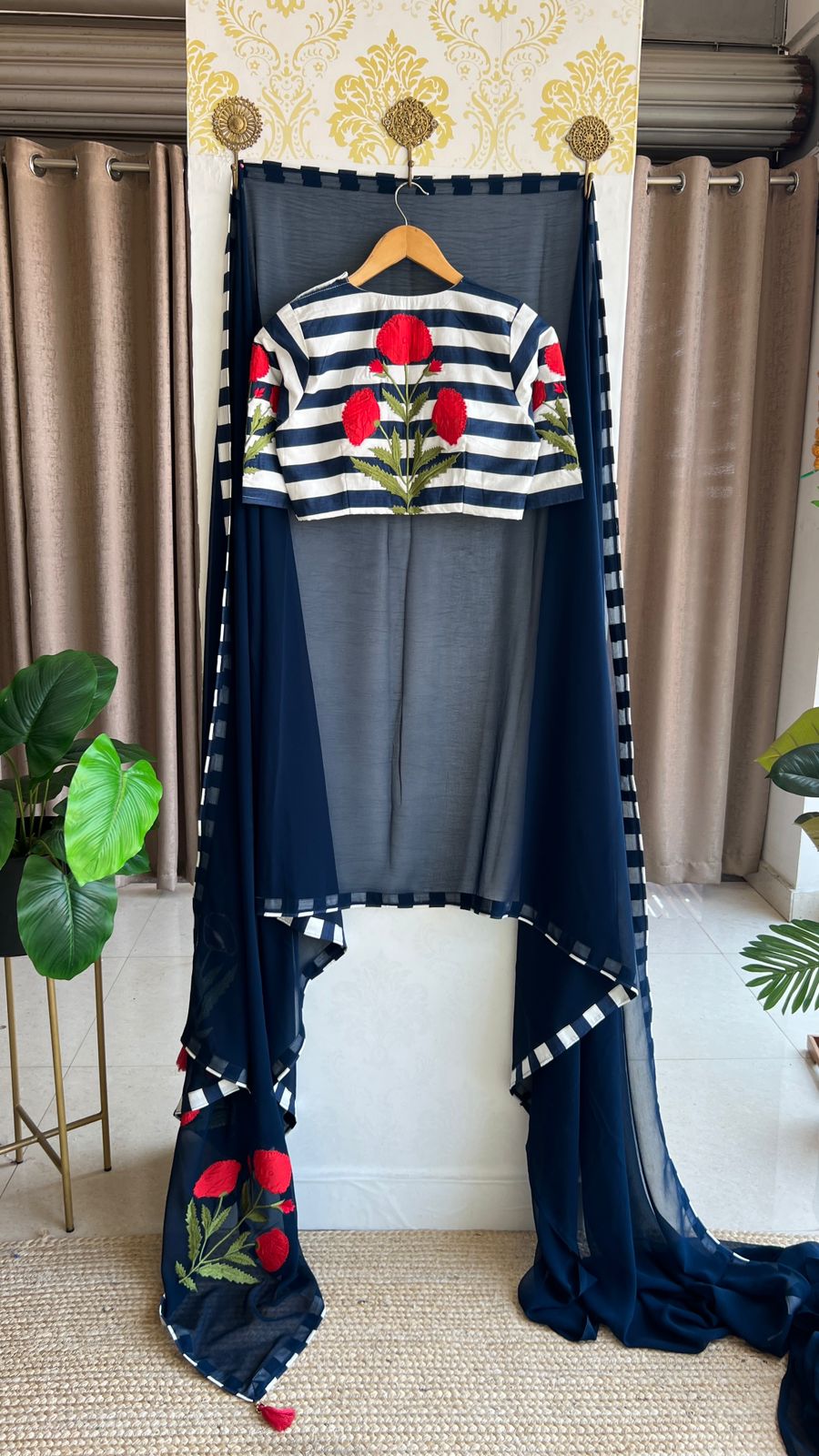 Midnight blue georgette saree with cotton embroidery blouse