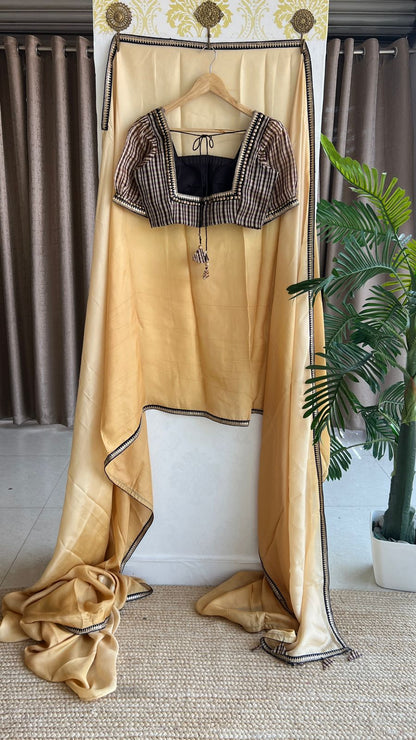 Ombre golden jute saree with hand work blouse