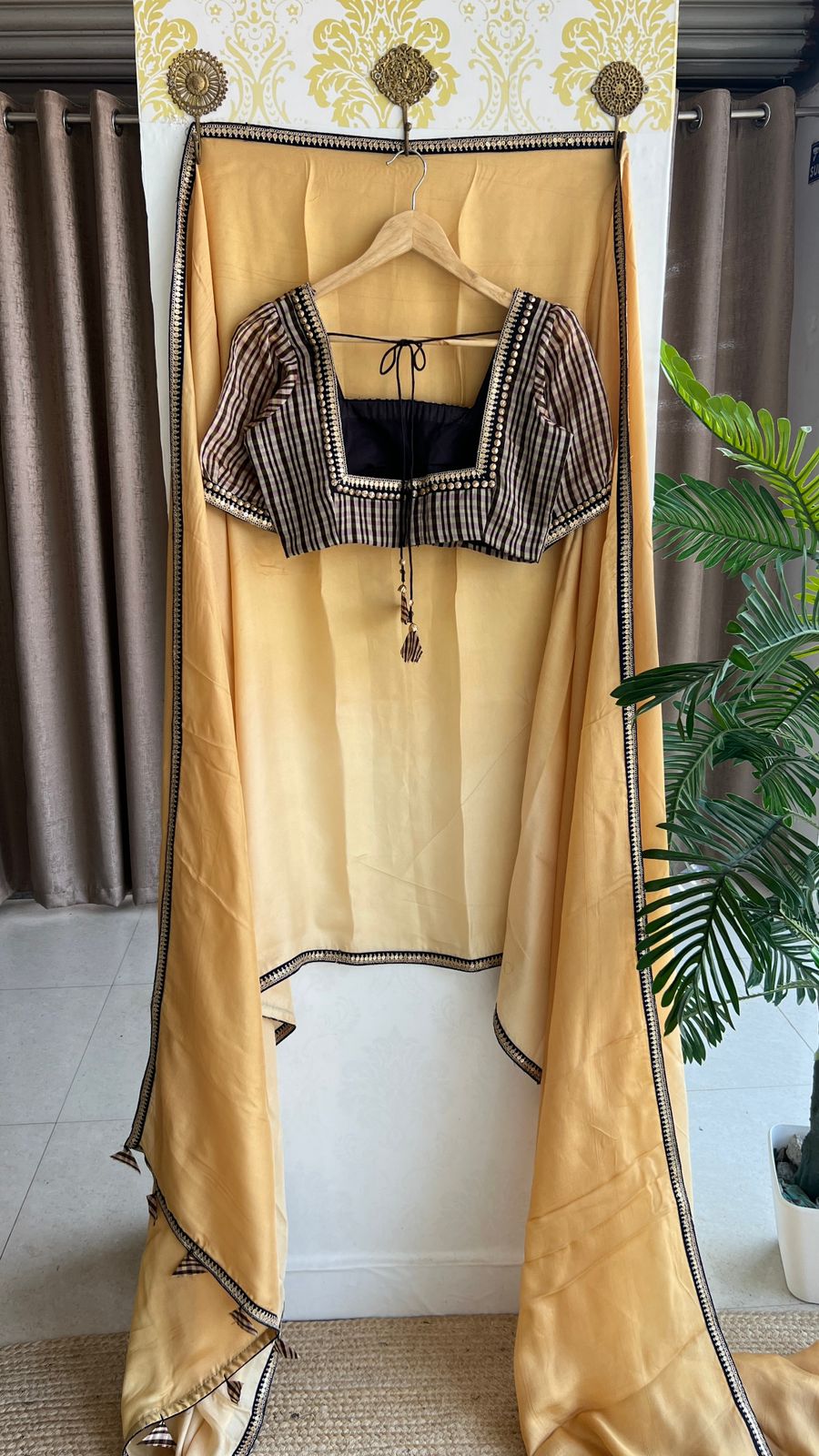 Ombre golden jute saree with hand work blouse