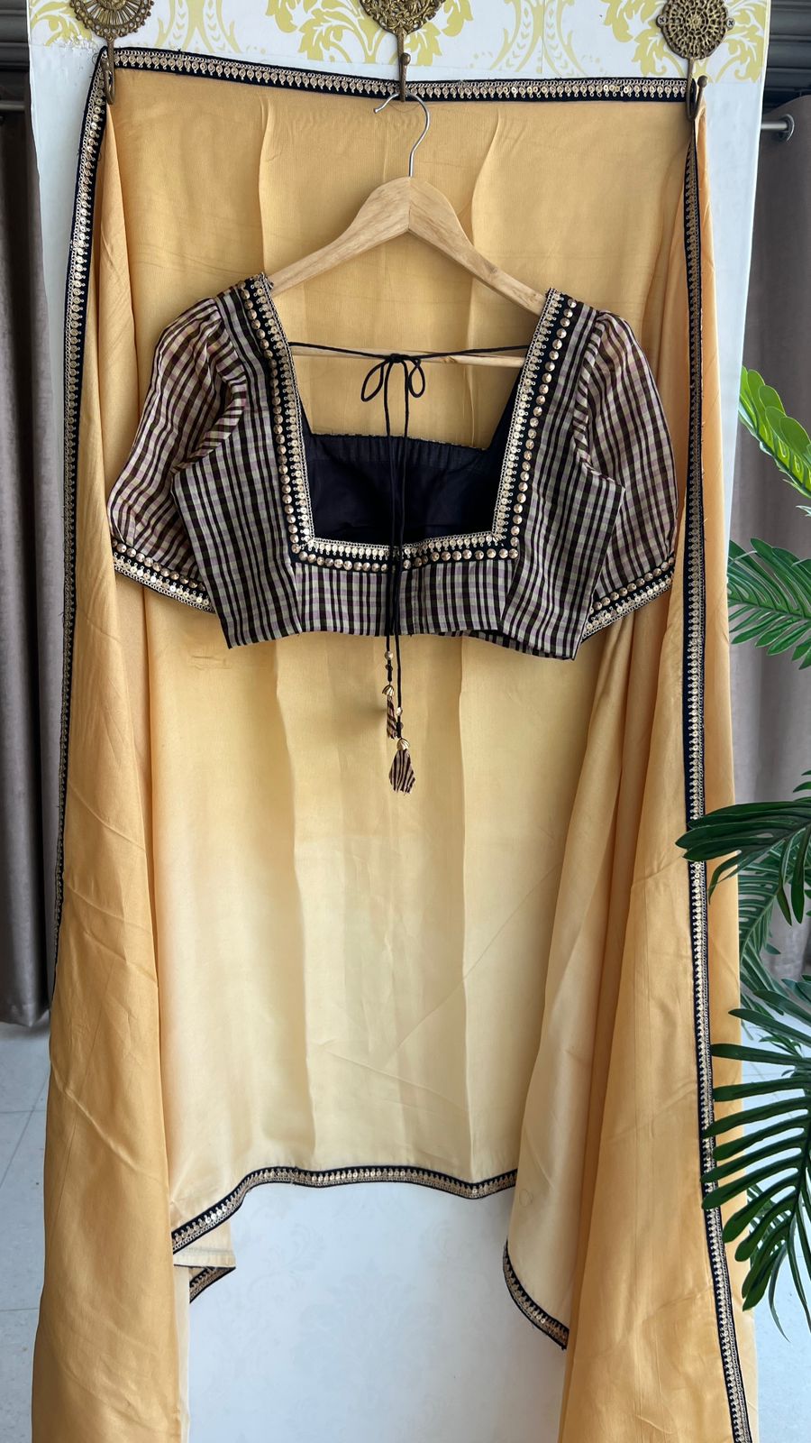 Ombre golden jute saree with hand work blouse