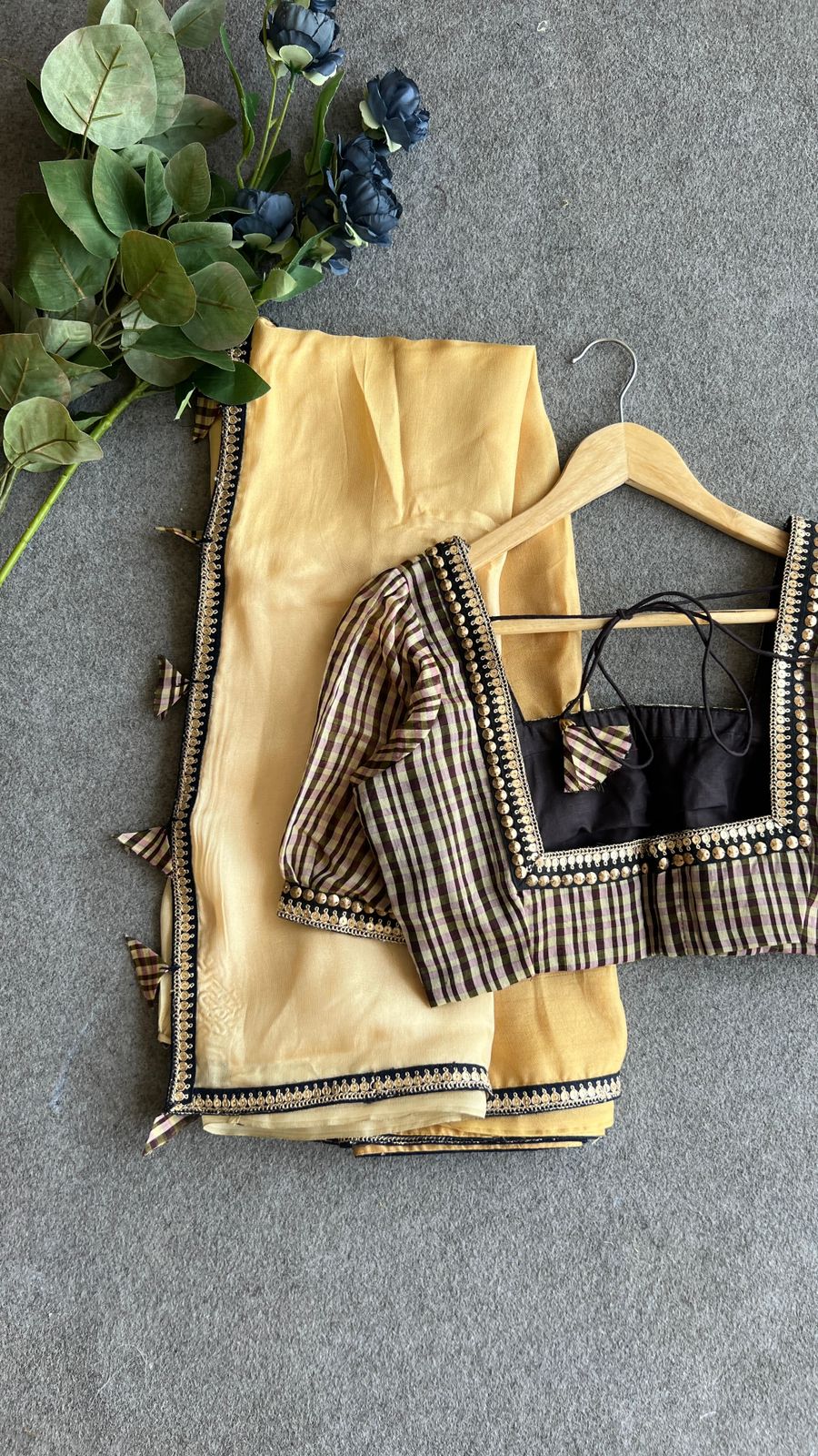 Ombre golden jute saree with hand work blouse