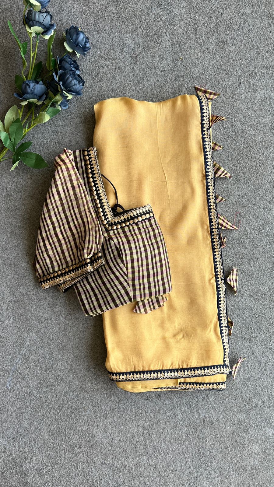 Ombre golden jute saree with hand work blouse
