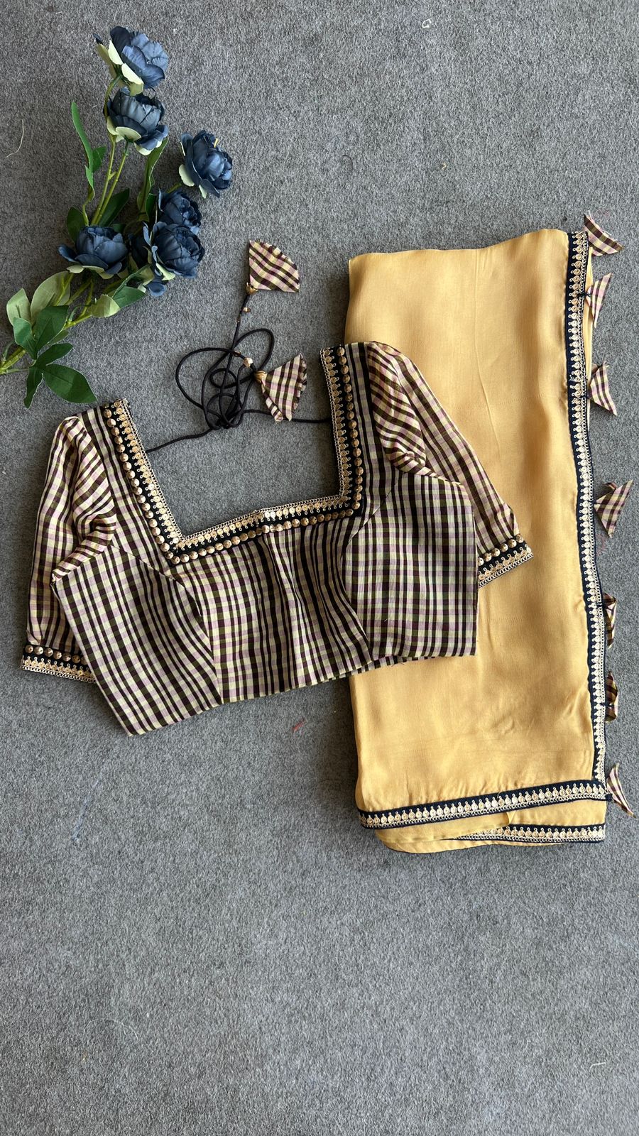Ombre golden jute saree with hand work blouse