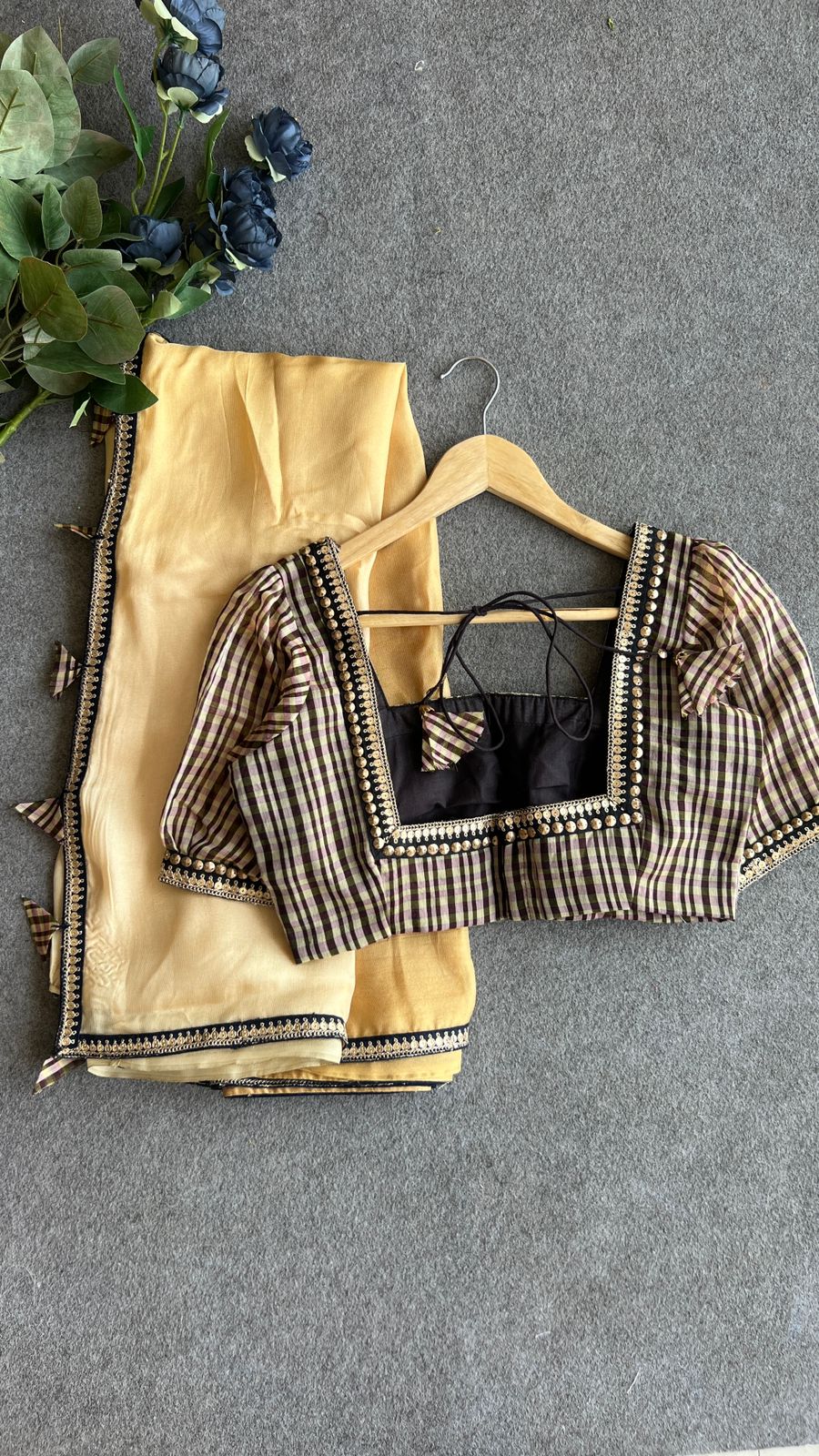 Ombre golden jute saree with hand work blouse